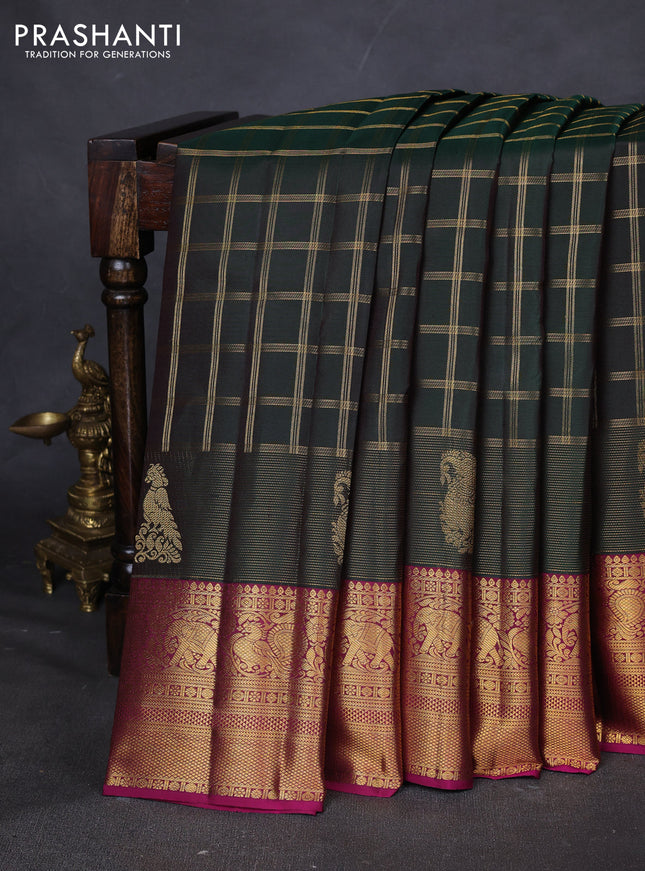Pure kanchipuram silk saree dark green and magenta pink with allover zari checked pattern and zari woven border