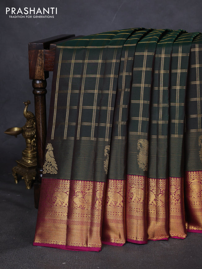 Pure kanchipuram silk saree dark green and magenta pink with allover zari checked pattern and zari woven border