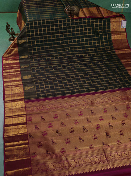 Pure kanchipuram silk saree dark green and magenta pink with allover zari checked pattern and zari woven border