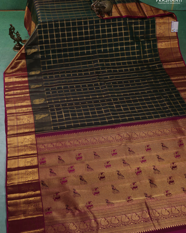 Pure kanchipuram silk saree dark green and magenta pink with allover zari checked pattern and zari woven border