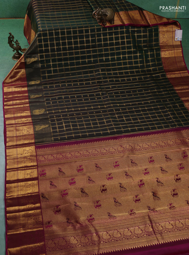 Pure kanchipuram silk saree dark green and magenta pink with allover zari checked pattern and zari woven border