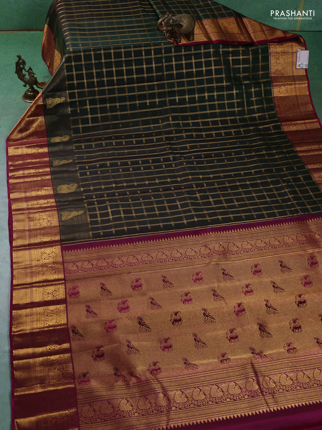 Pure kanchipuram silk saree dark green and magenta pink with allover zari checked pattern and zari woven border