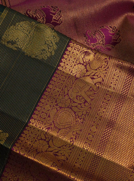 Pure kanchipuram silk saree dark green and magenta pink with allover zari checked pattern and zari woven border