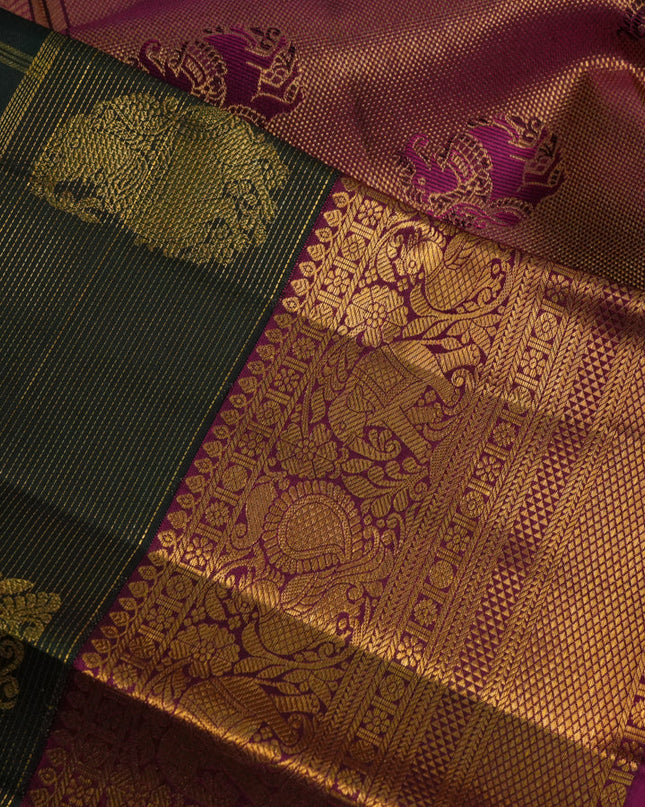 Pure kanchipuram silk saree dark green and magenta pink with allover zari checked pattern and zari woven border