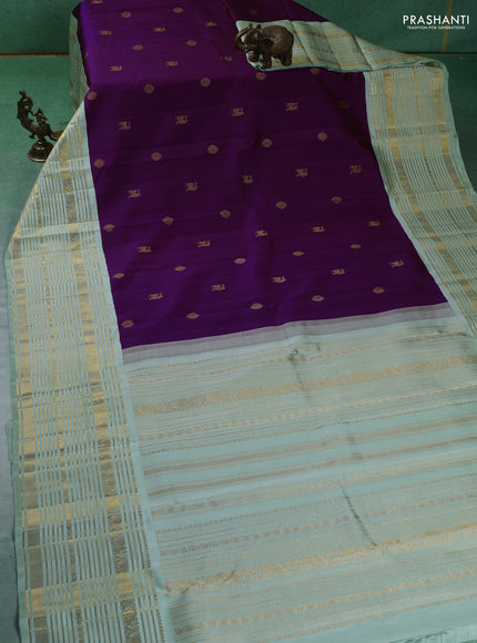Pure kanchipuram silk saree purple and pastel green with zari woven buttas and long zari woven border