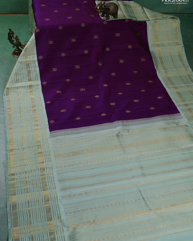 Pure kanchipuram silk saree purple and pastel green with zari woven buttas and long zari woven border