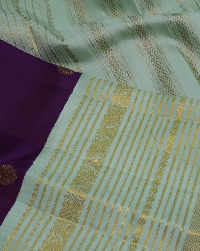 Pure kanchipuram silk saree purple and pastel green with zari woven buttas and long zari woven border
