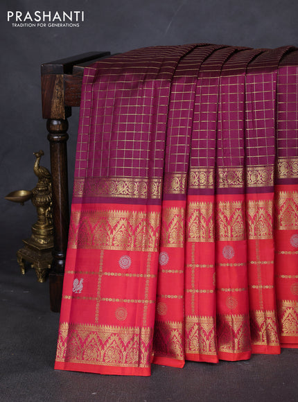 Pure kanchipuram silk saree purple and dual shade of pinkish orange with allover zari checked pattern and long zari woven border