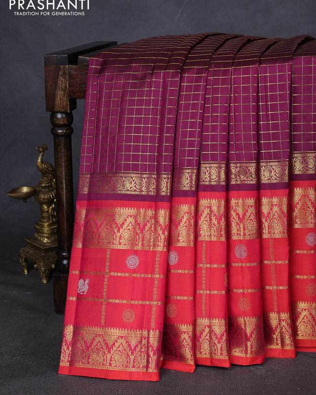 Pure kanchipuram silk saree purple and dual shade of pinkish orange with allover zari checked pattern and long zari woven border