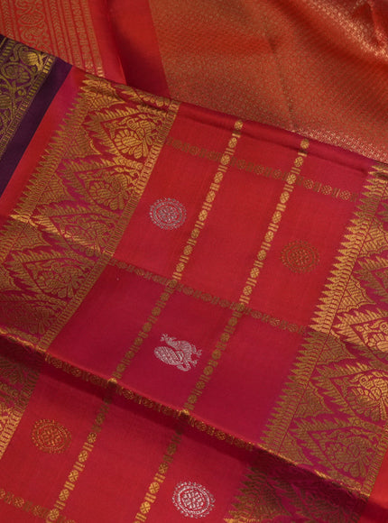 Pure kanchipuram silk saree purple and dual shade of pinkish orange with allover zari checked pattern and long zari woven border