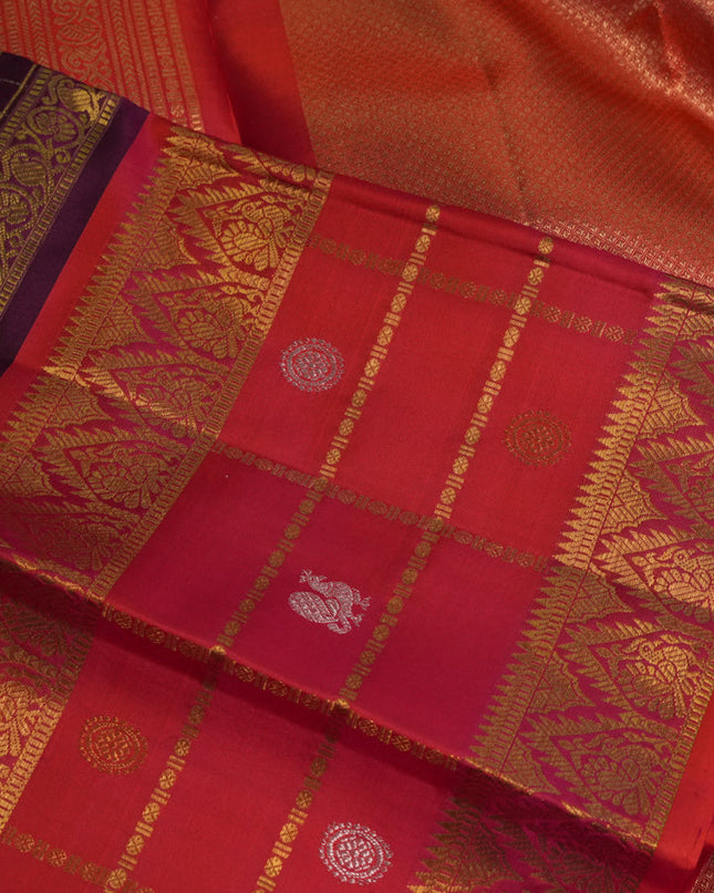 Pure kanchipuram silk saree purple and dual shade of pinkish orange with allover zari checked pattern and long zari woven border