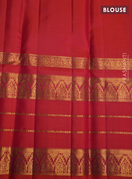 Pure kanchipuram silk saree purple and dual shade of pinkish orange with allover zari checked pattern and long zari woven border