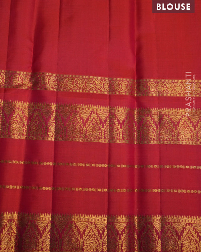 Pure kanchipuram silk saree purple and dual shade of pinkish orange with allover zari checked pattern and long zari woven border