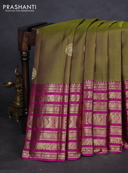 Pure kanchipuram silk saree mehendi green and magenta pink with allover zari checked pattern and long zari woven border