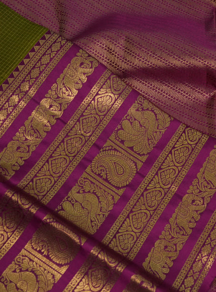 Pure kanchipuram silk saree mehendi green and magenta pink with allover zari checked pattern and long zari woven border