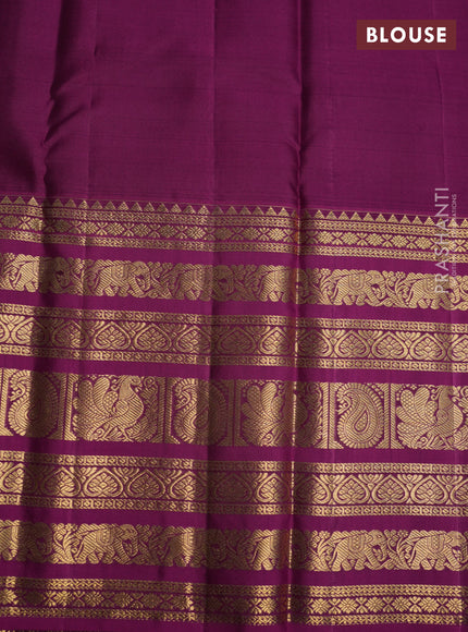 Pure kanchipuram silk saree mehendi green and magenta pink with allover zari checked pattern and long zari woven border