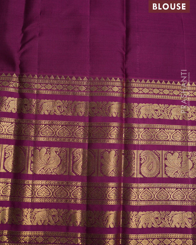 Pure kanchipuram silk saree mehendi green and magenta pink with allover zari checked pattern and long zari woven border