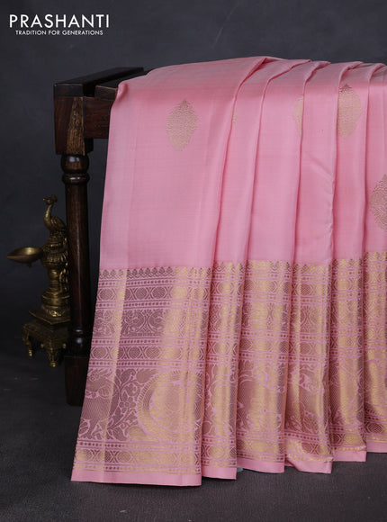 Pure kanchipuram silk saree peach pink with zari woven buttas and long zari woven border