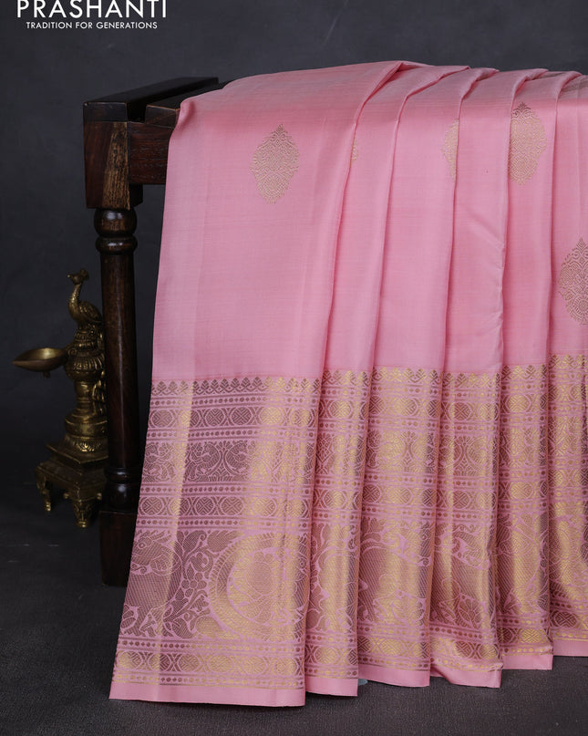 Pure kanchipuram silk saree peach pink with zari woven buttas and long zari woven border