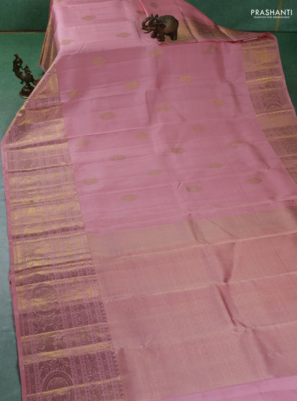 Pure kanchipuram silk saree peach pink with zari woven buttas and long zari woven border