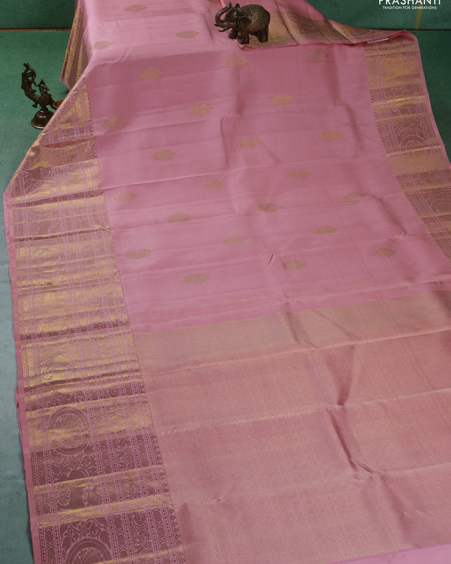Pure kanchipuram silk saree peach pink with zari woven buttas and long zari woven border