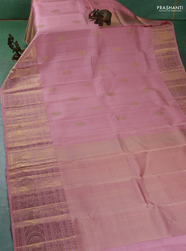 Pure kanchipuram silk saree peach pink with zari woven buttas and long zari woven border
