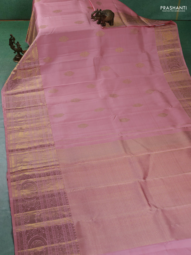 Pure kanchipuram silk saree peach pink with zari woven buttas and long zari woven border