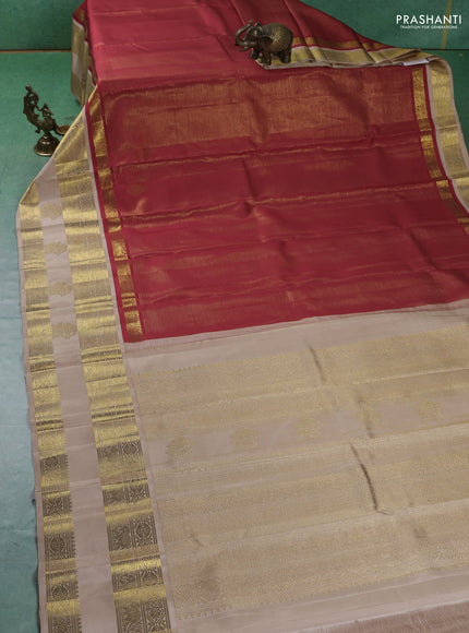 Pure kanchipuram silk saree red and beige with allover zari stripes pattern and rettapet zari woven border