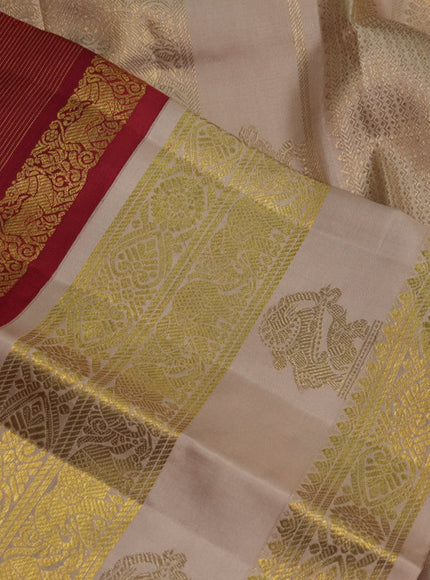 Pure kanchipuram silk saree red and beige with allover zari stripes pattern and rettapet zari woven border