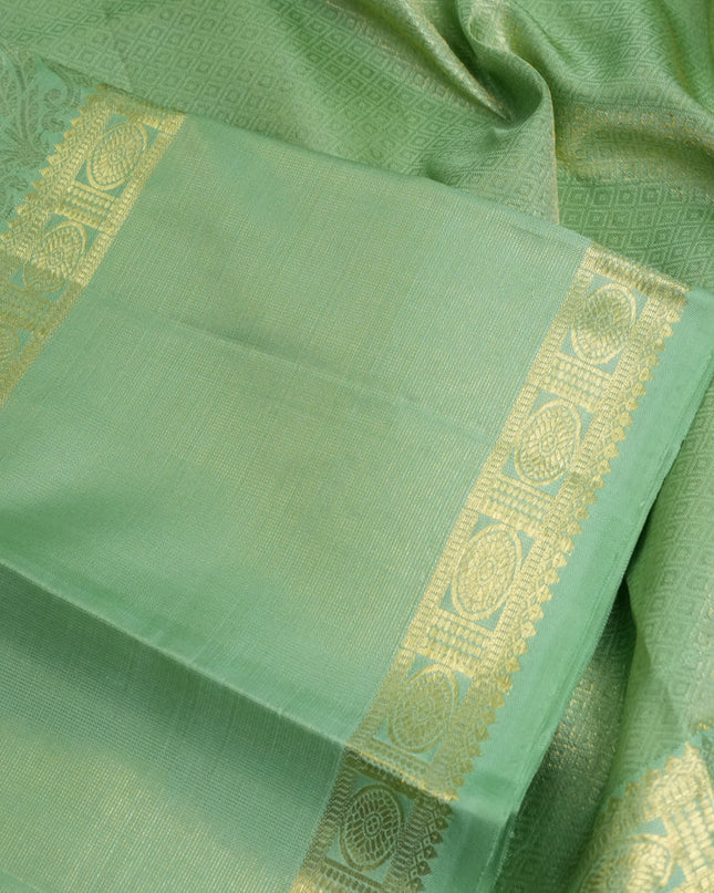 Pure kanchipuram silk saree pastel green with allover zari checked pattern and rettapet zari woven border