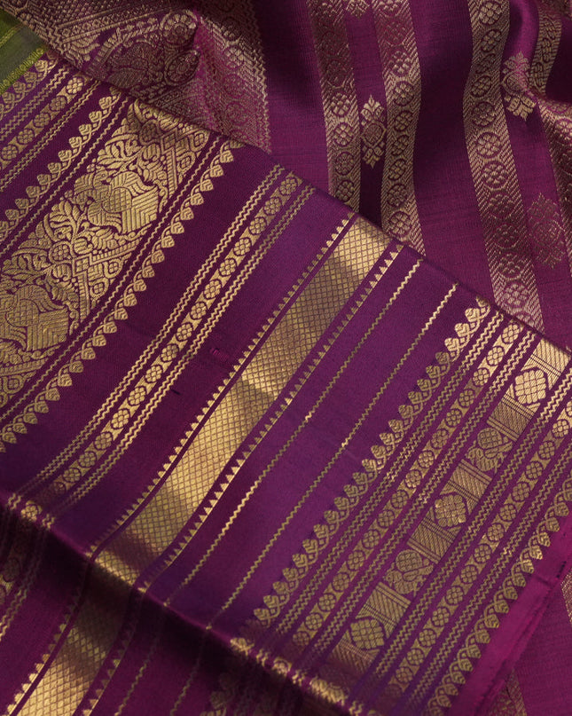 Pure kanchipuram silk saree mehendi green and purple with allover zari stripes pattern and long zari woven border