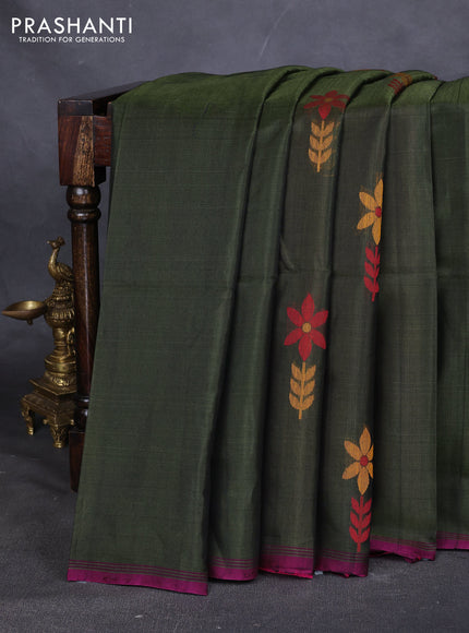 Kora silk cotton saree sap green and magenta pink with thread woven floral buttas and simple piping border
