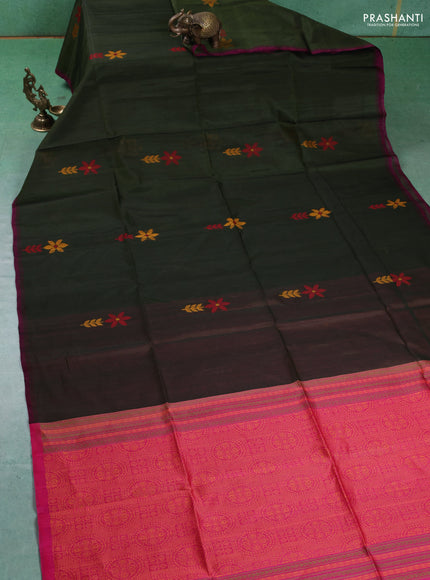 Kora silk cotton saree sap green and magenta pink with thread woven floral buttas and simple piping border