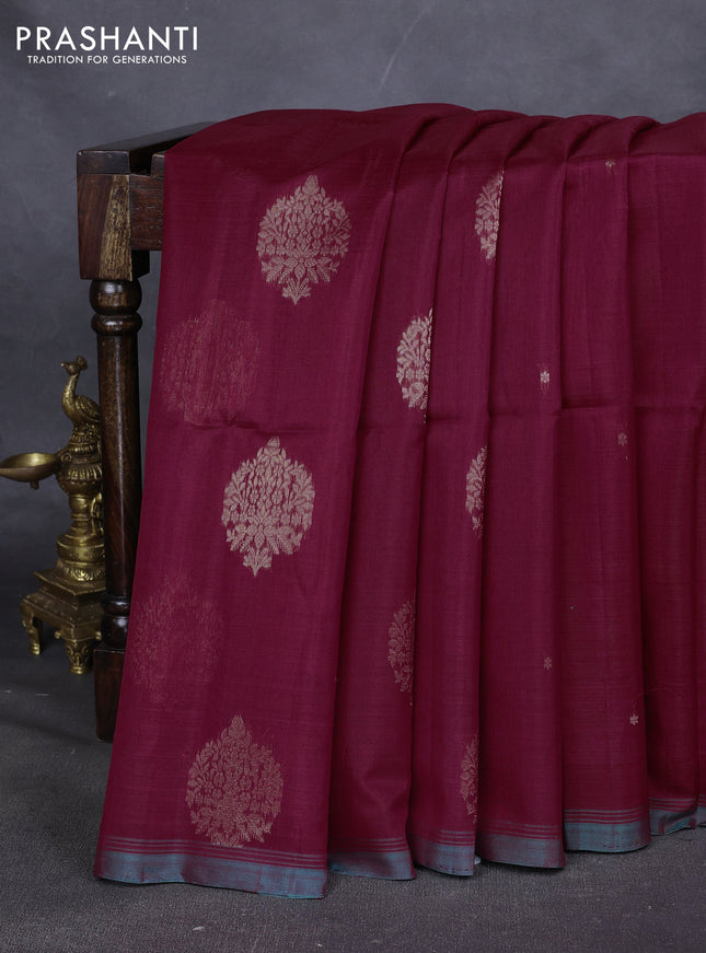 Kora silk cotton saree maroon and teal green with zari woven buttas and zari woven border