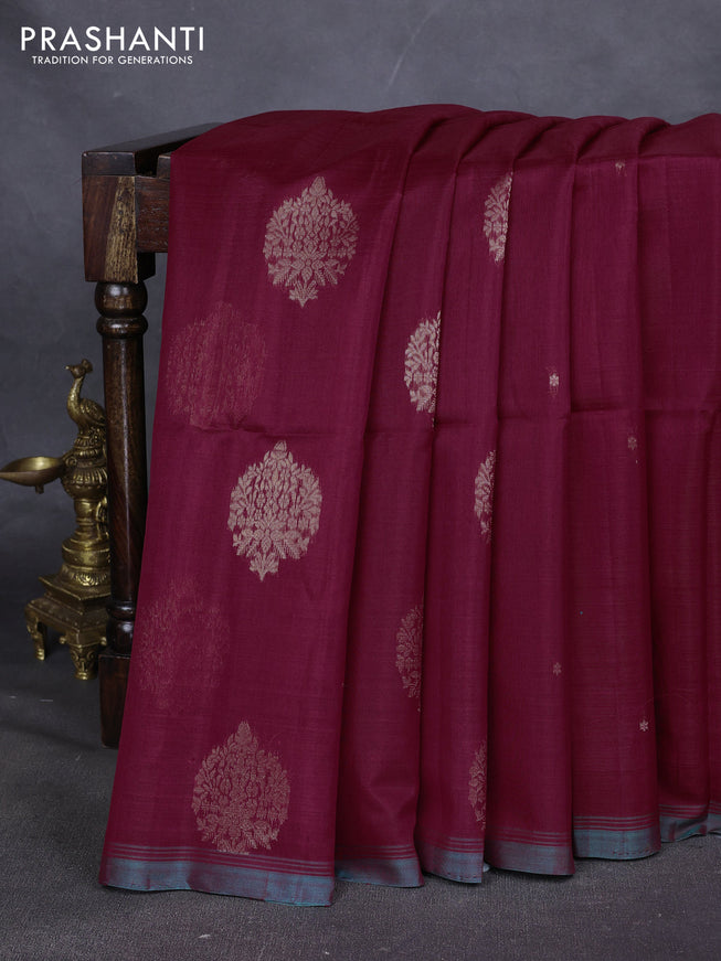 Kora silk cotton saree maroon and teal green with zari woven buttas and zari woven border