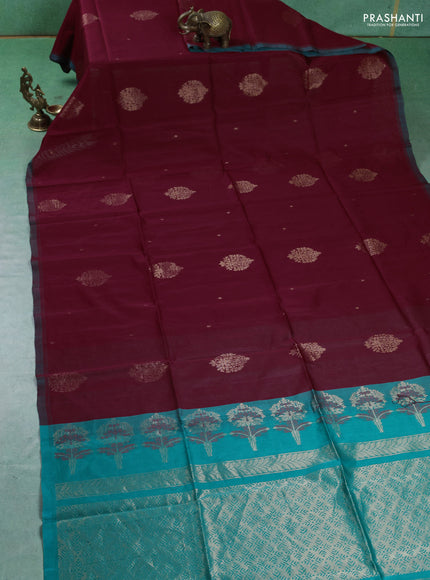Kora silk cotton saree maroon and teal green with zari woven buttas and zari woven border