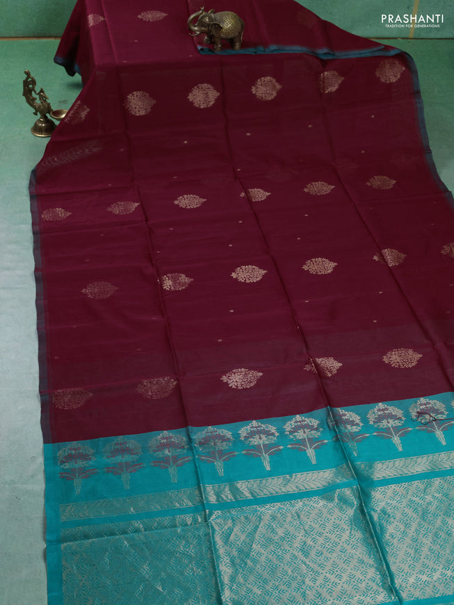 Kora silk cotton saree maroon and teal green with zari woven buttas and zari woven border