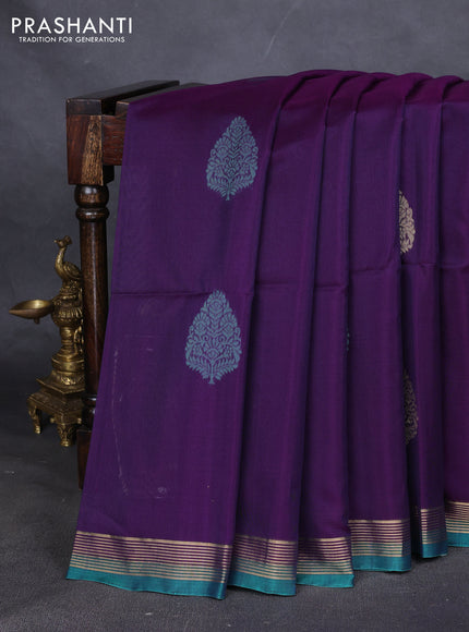 Kora silk cotton saree violet and peacock green with thread & zari woven floral buttas and zari woven border