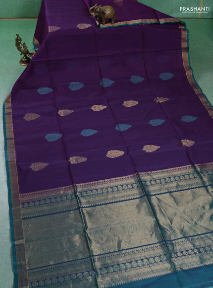 Kora silk cotton saree violet and peacock green with thread & zari woven floral buttas and zari woven border