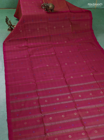Kora silk cotton saree dual shade of pinkish orange with thread & zari woven floral buttas in borderless style