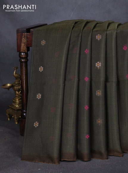 Kora silk cotton saree dark sap green with thread & zari woven floral buttas in borderless style