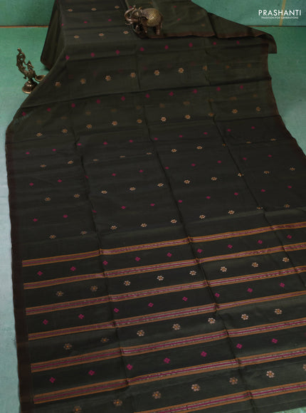 Kora silk cotton saree dark sap green with thread & zari woven floral buttas in borderless style