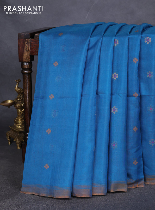 Kora silk cotton saree cs blue with thread & zari woven floral buttas in borderless style
