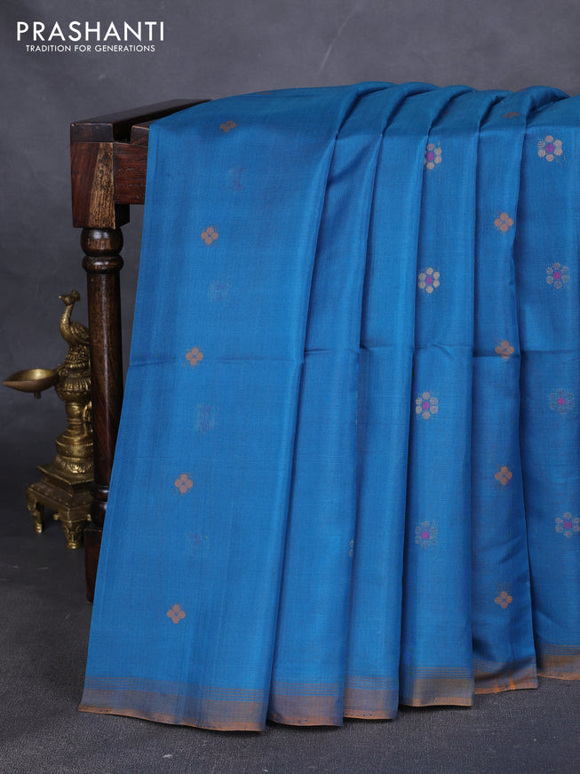 Kora silk cotton saree cs blue with thread & zari woven floral buttas in borderless style