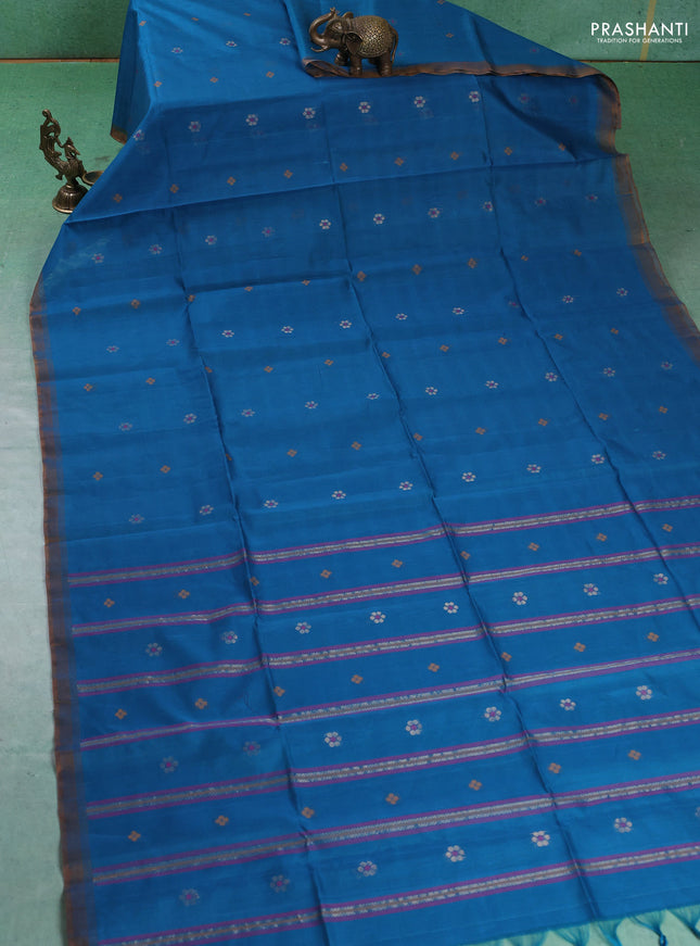 Kora silk cotton saree cs blue with thread & zari woven floral buttas in borderless style