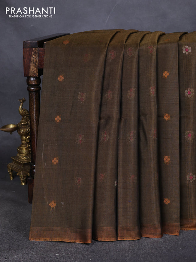 Kora silk cotton saree sap green with thread & zari woven floral buttas in borderless style