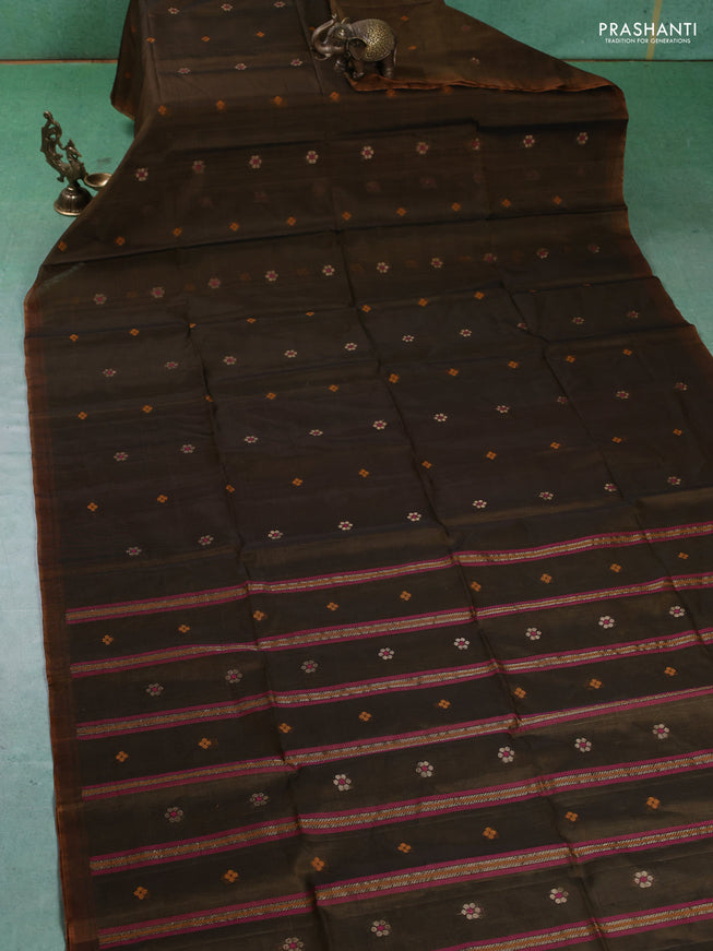 Kora silk cotton saree sap green with thread & zari woven floral buttas in borderless style