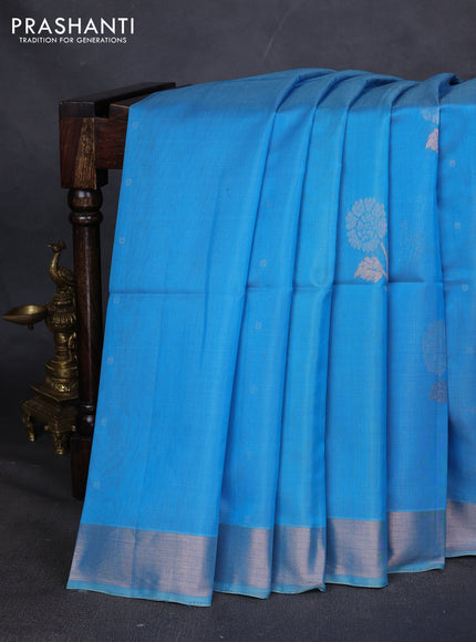 Kora silk cotton saree light blue and pista green with silver zari woven buttas and zari woven border