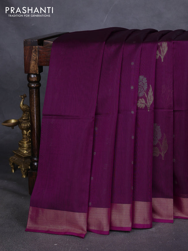 Kora silk cotton saree purple with silver zari woven buttas and zari woven border