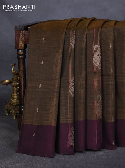 Kora silk cotton saree dark sap green and maroon with zari woven buttas and zari woven border